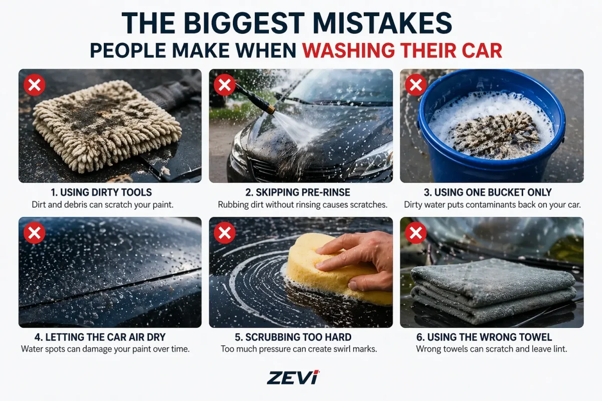 car washing mistakes infographic showing common errors that cause scratches and damage to car paint