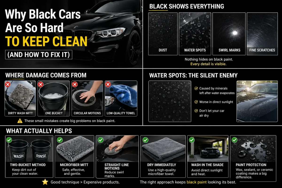 black car detailing guide showing swirl marks, water spots, and proper washing methods to prevent scratches