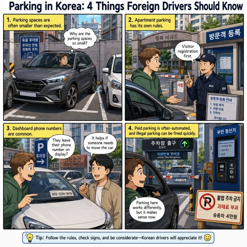 parking in Korea tips for foreign drivers including small parking spaces apartment parking phone numbers and automated paid parking