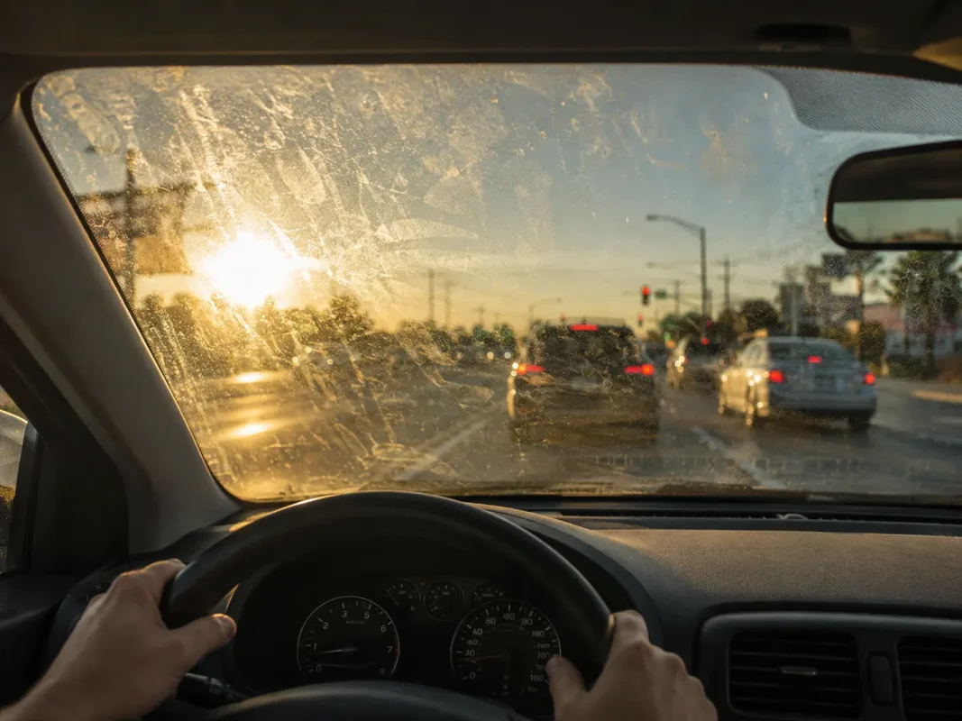 dirty interior windshield reducing driving visibility during sunset