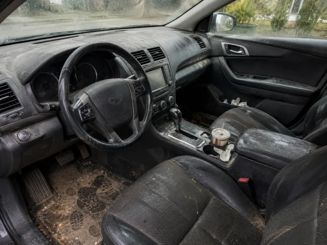 dirty car interior with dust food trash moisture and muddy floor mats