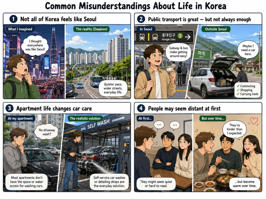 Comic illustration showing common misunderstandings about life in Korea