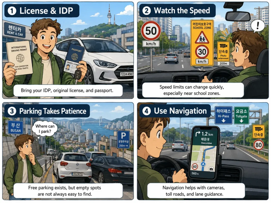 Four-panel comic guide about driving in Korea for foreigners