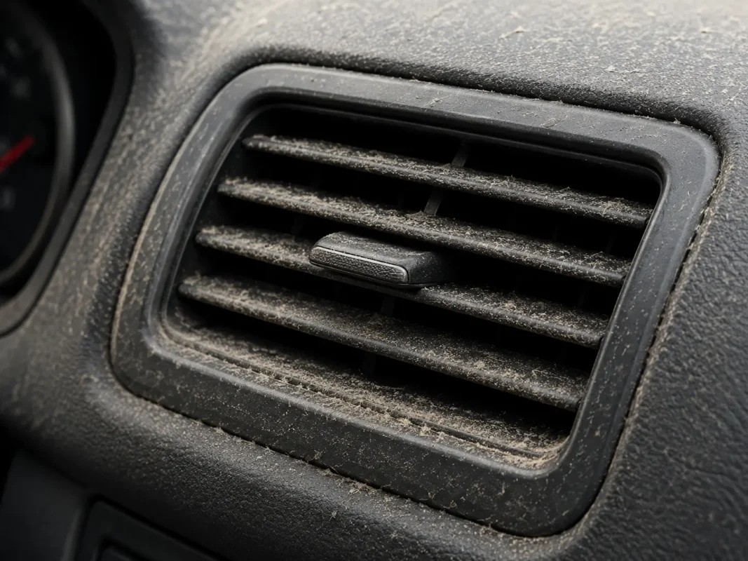 dusty car air vent with dirt buildup inside the dashboard