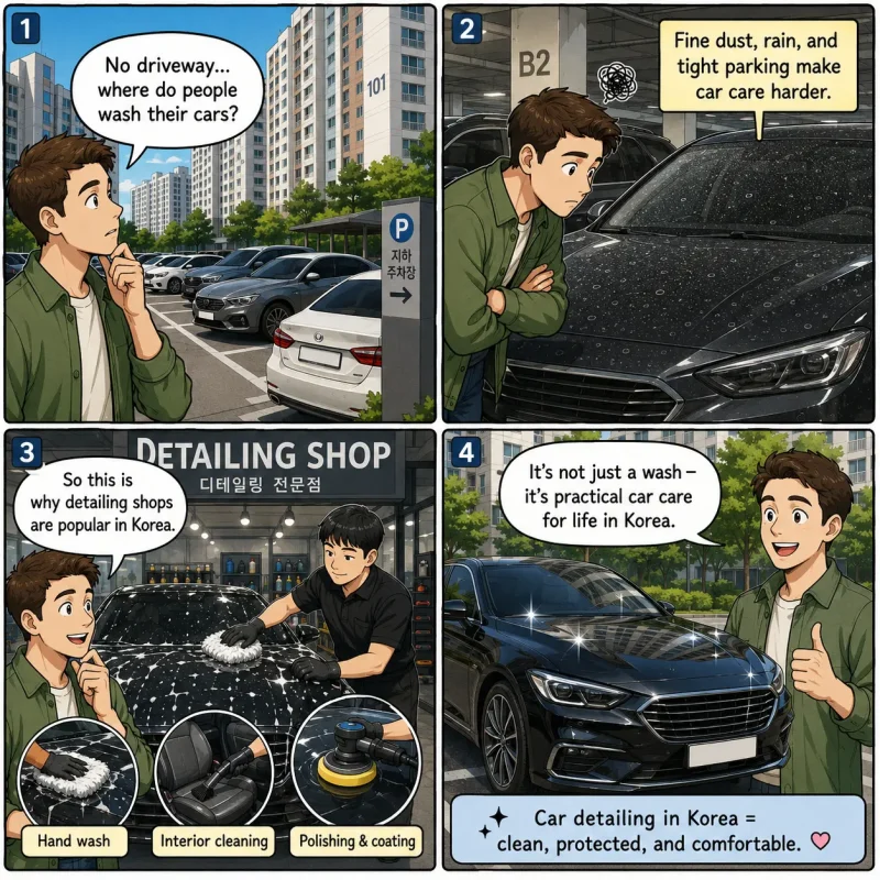 Four-panel comic about car detailing in Korea and Korean apartment car care