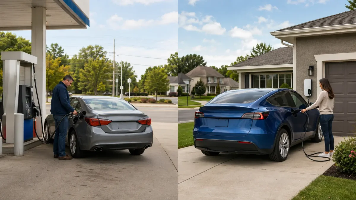 hybrid car refueling at gas station and electric car charging at home comparison