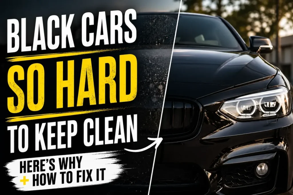 black car paint showing swirl marks and water spots with detailing method to prevent scratches