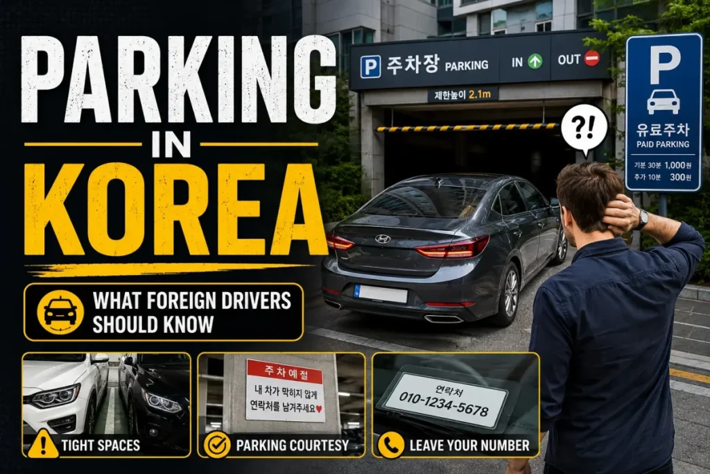 parking in Korea for foreign drivers with paid parking signs narrow spaces and dashboard phone number