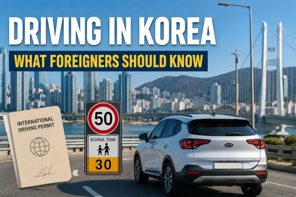 Driving in Korea guide for foreigners with car, speed limit signs, and international driving permit