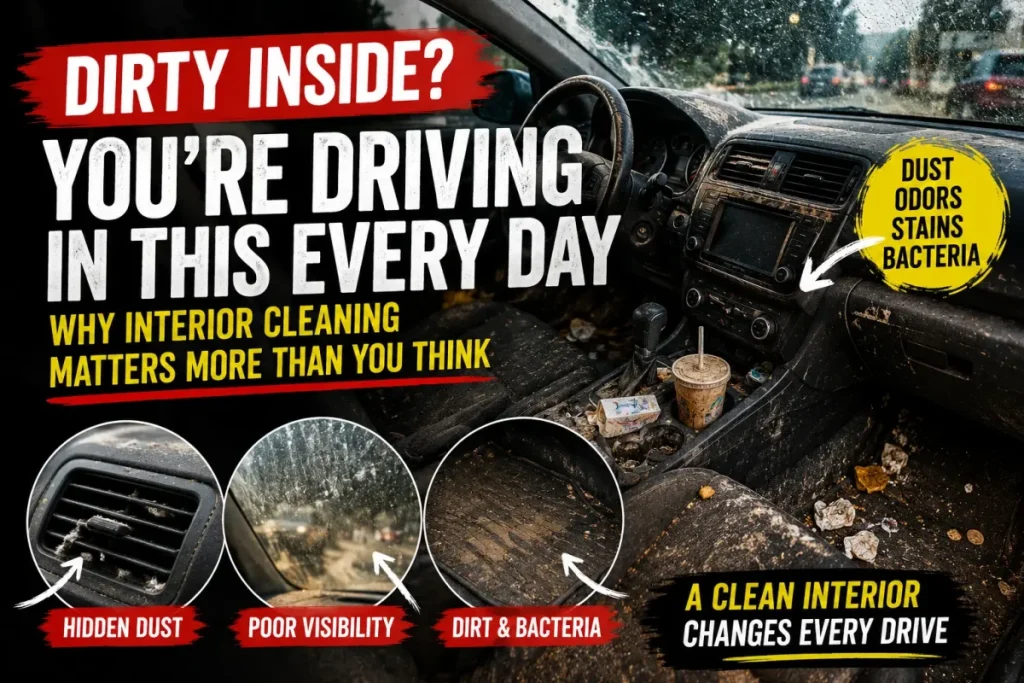 dirty car interior cleaning thumbnail showing dust odors stains and poor visibility