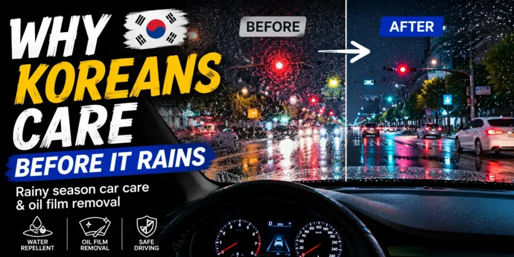 Rainy season car care in Korea with oil film removal and clear windshield visibility