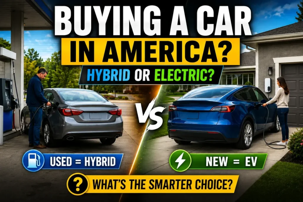 hybrid or electric car in America thumbnail comparing used hybrid and new electric car